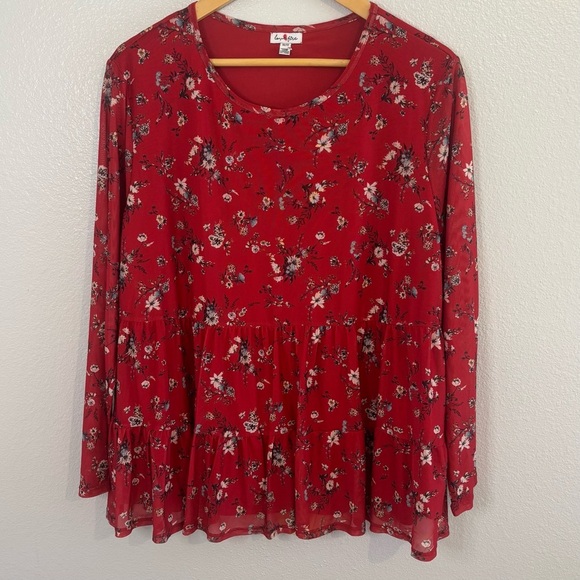 Love Fire Red Floral Peplum Long Sleeve Top Size 1X - Picture 2 of 13